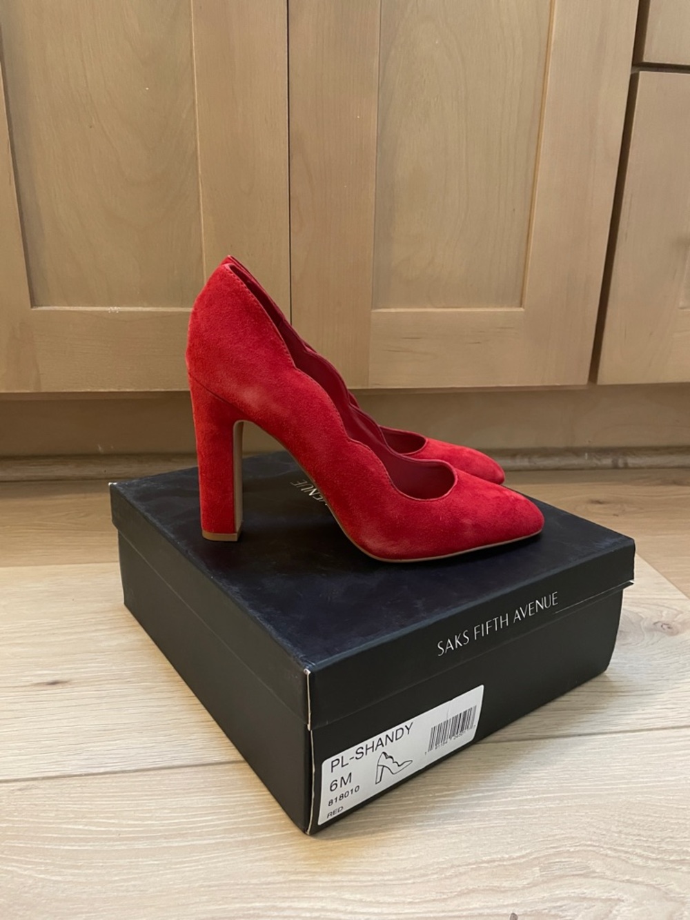 Saks Fifth Avenue Red Suede Scalloped Pointed Toe High Heels